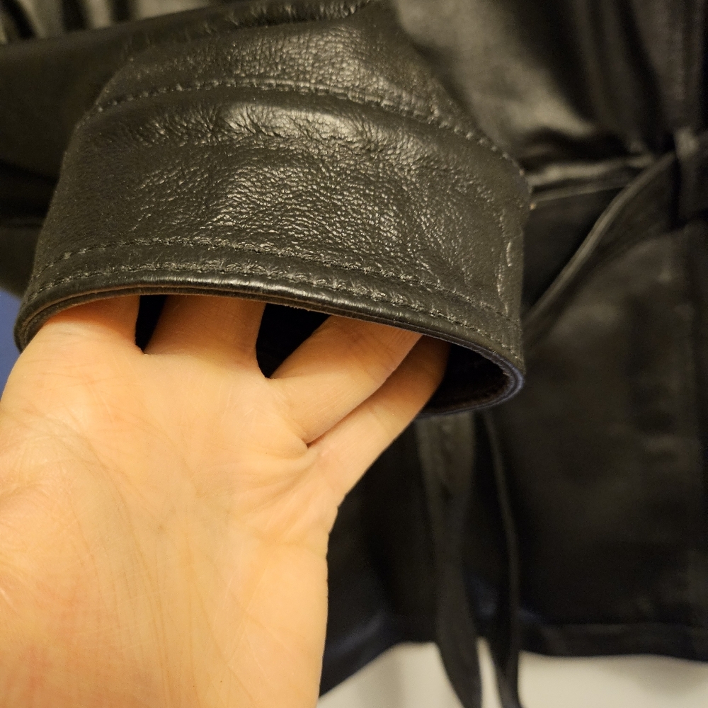 Woman's Leather Black Belted Jacket - Picture 3 of 4